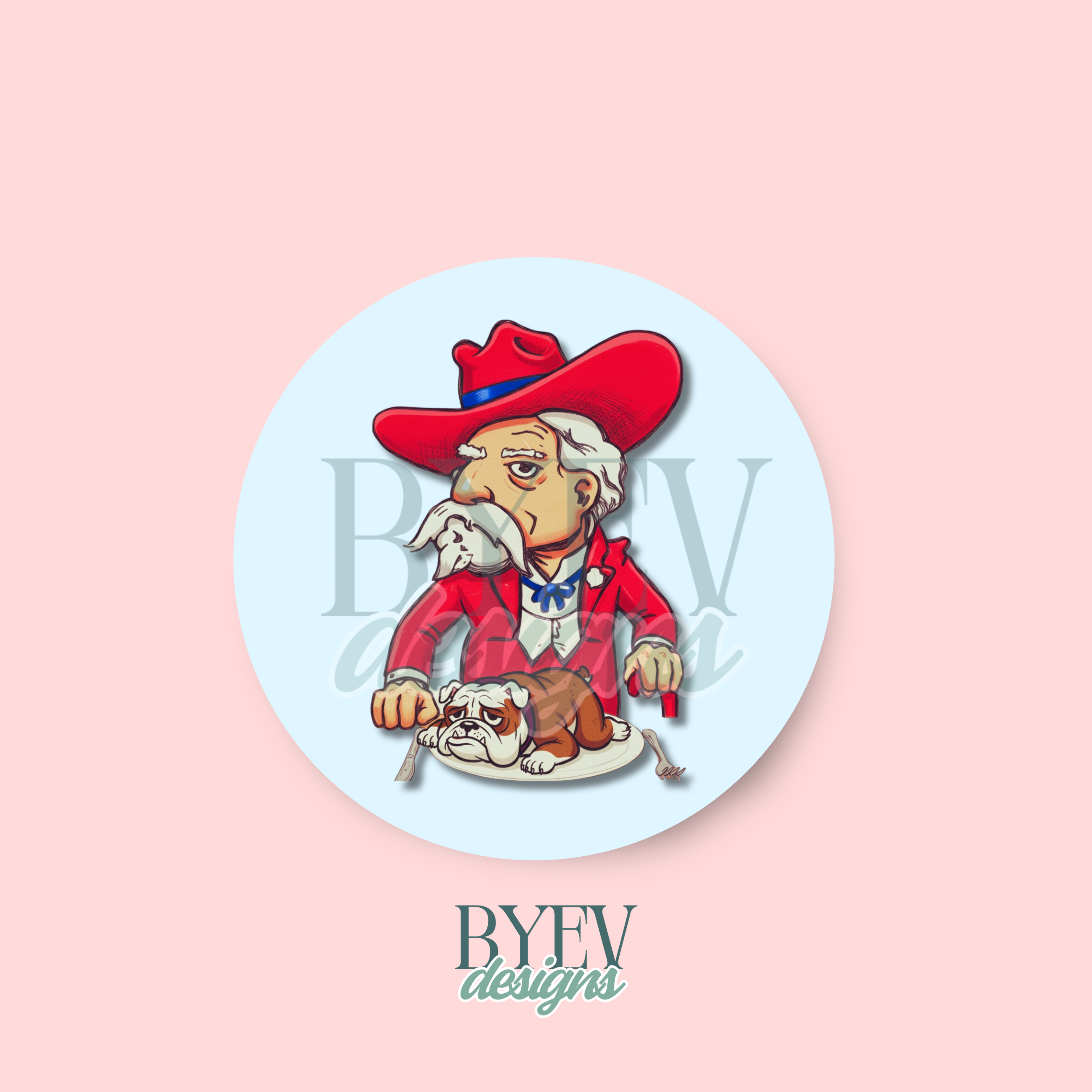 Ole Miss rebel eating bulldog Thanksgiving rivalry sticker illustration.
