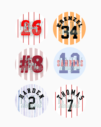 Examples of classic name and number buttons designed by BY EV in various styles and colors.