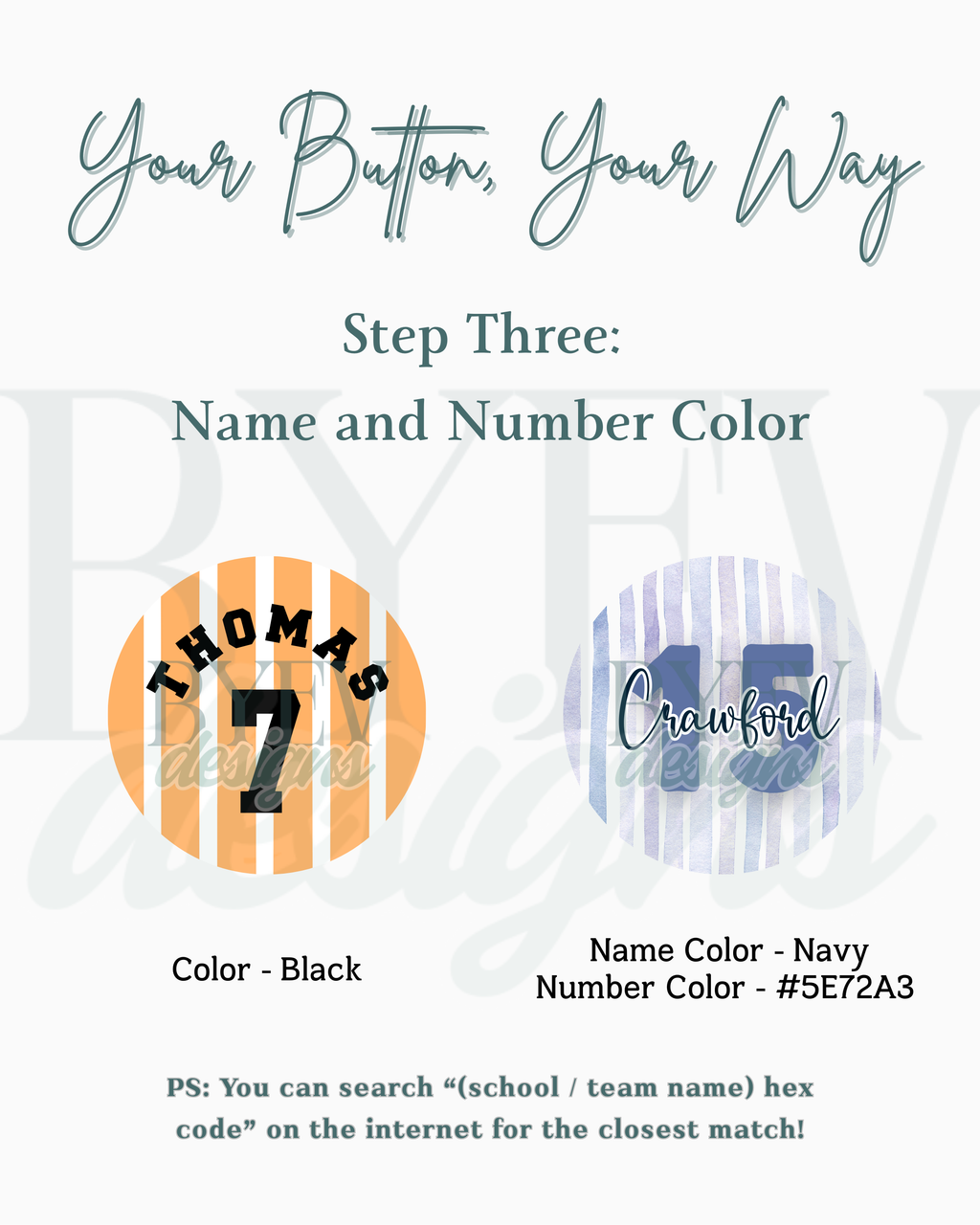 Step 3 graphic showing how to enter a name and number and choose colors for a classic name and number button.