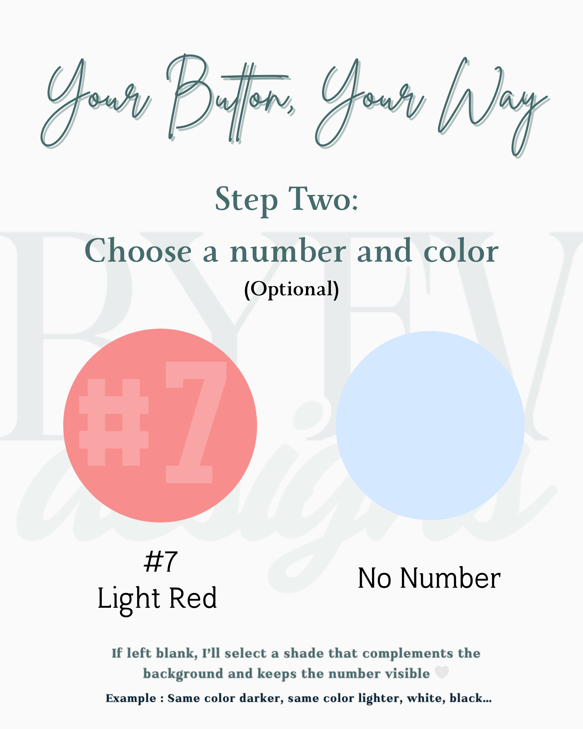 Instruction graphic showing how to add a number and color for a custom button.