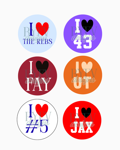Examples of I heart custom buttons designed by BY EV in various fonts and color combinations.