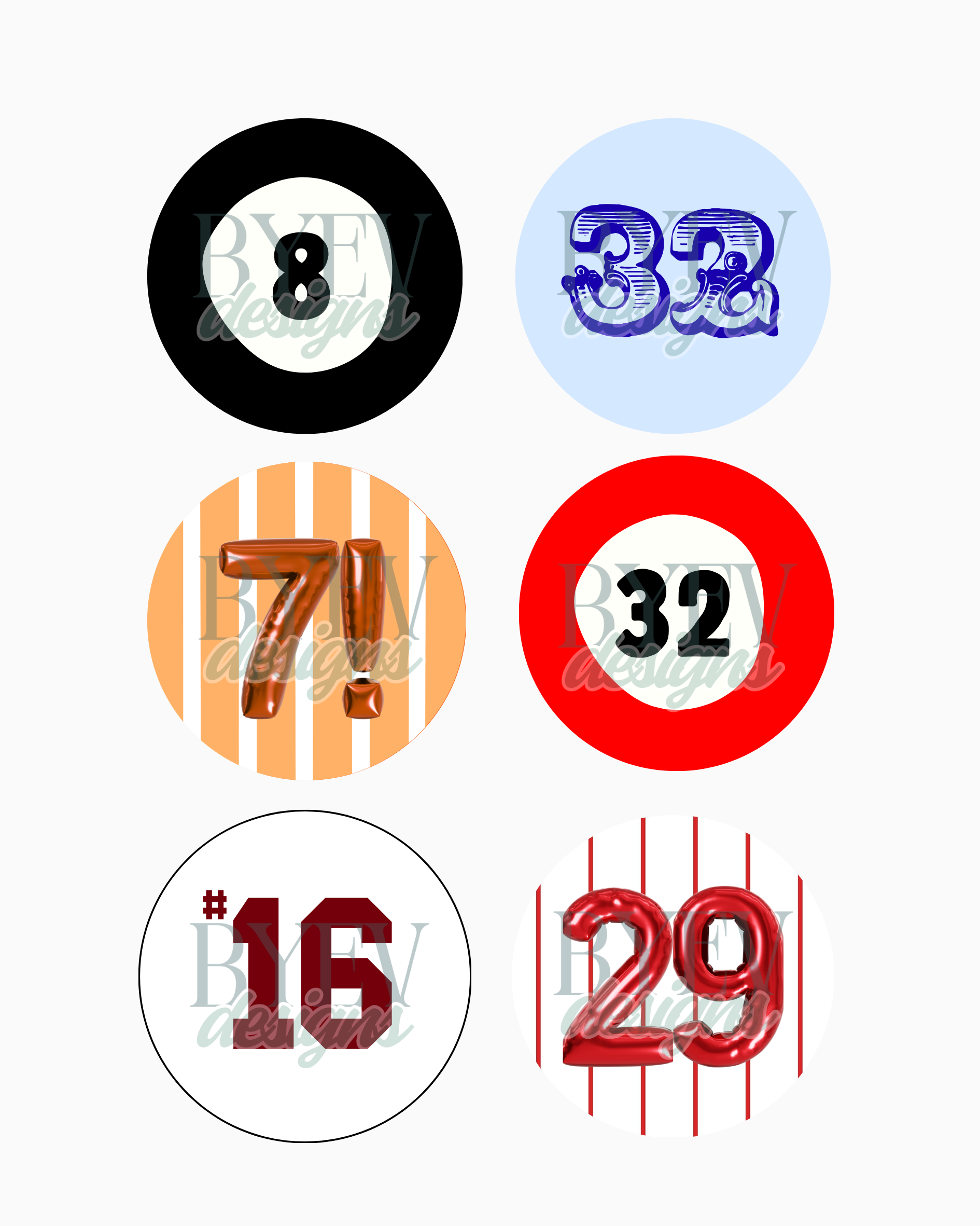 Examples of custom number-only buttons designed BY EV in various styles and colors.